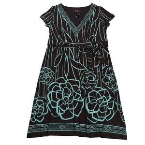 R&K Originals Floral Patterned Dress V-Neckline Belted Waist Womens Size 16.